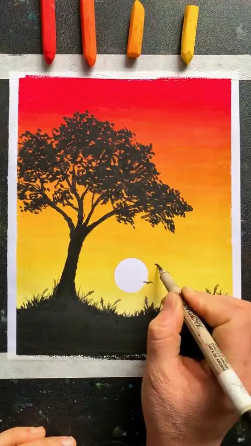 油画棒教你画日落风景,步骤简单易学.-度小视